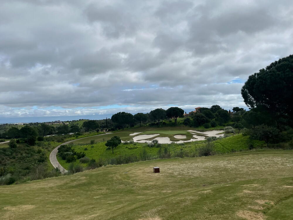 Green omgivet af golfbunkere set fra teestedet, med pinjetræer og overskyet himmel
