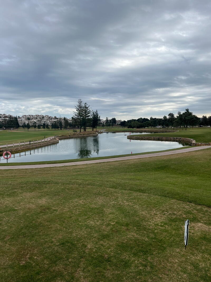 Golfbane med sø og bebyggelse i baggrunden under overskyet himmel